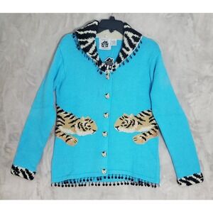 VTG Storybook Knits Tiger Pair Blue Cardigan Womens S Tiger Cat Hand Knit NWT